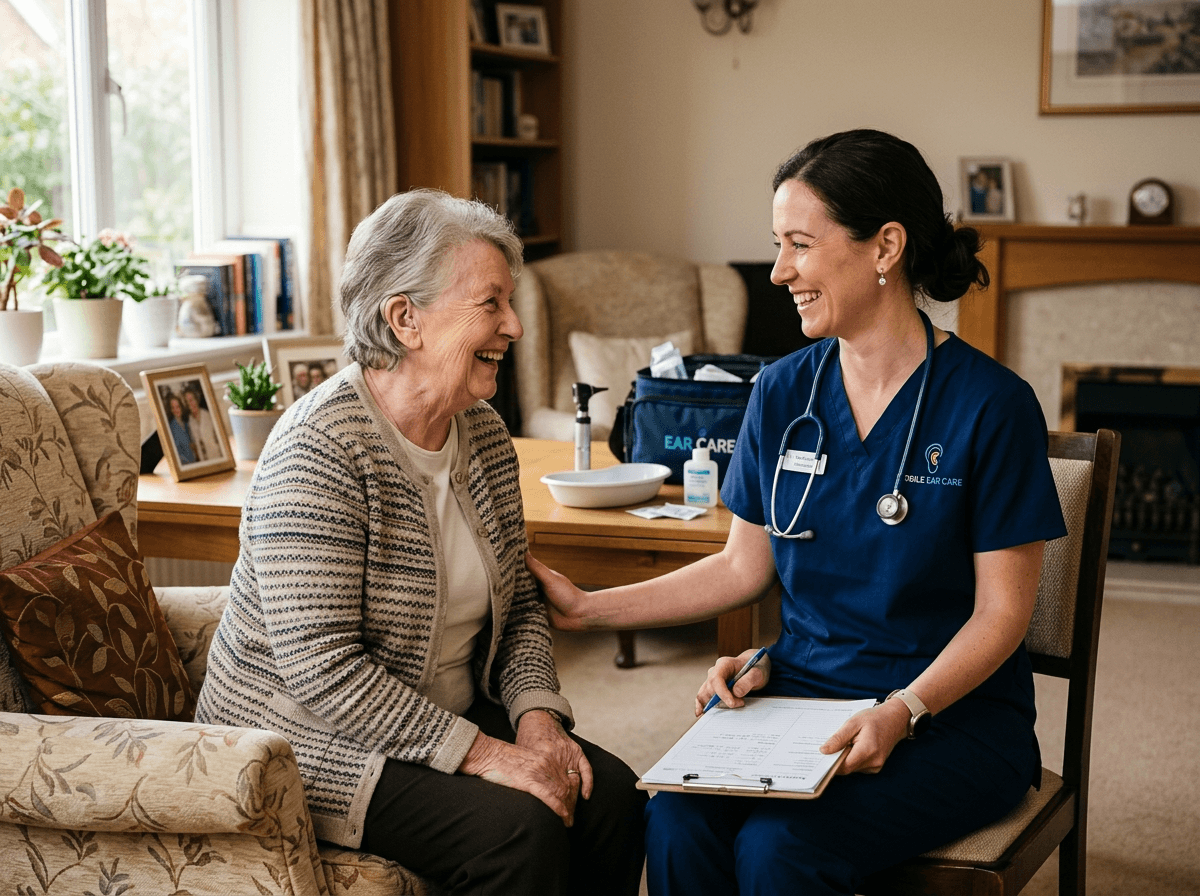 Happy patient after a mobile ear wax removal appointment
